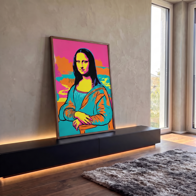 Quadro Decorativo Grande Tela de Pinturas para Sala Rosa | quadros decorativos para sala | Mona Lisa em estilo pop art com cores rosa, amarelo, laranja e turquesa | em Quadros para Sala | Porao dos Quadros
