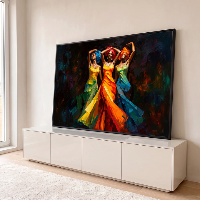 Três mulheres negras dançando com turbantes e vestidos coloridos em pintura a óleo, quadro decorativo