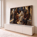 Jesus de túnica branca toca o ombro de um ancião ajoelhado em vila de pedra, pintura a óleo, quadro decorativo
