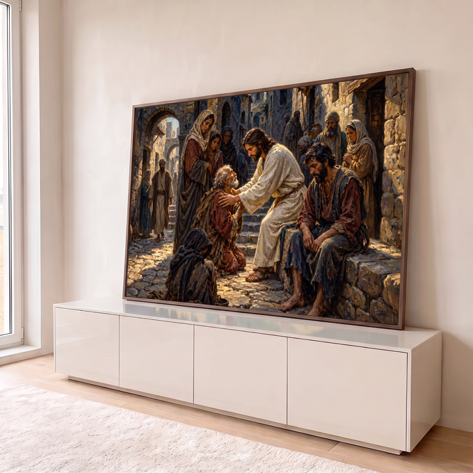 Jesus de túnica branca toca o ombro de um ancião ajoelhado em vila de pedra, pintura a óleo, quadro decorativo