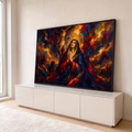 Quadro Decorativo Grande Nossa Senhora Crucifixo para Sala | quadros decorativos para sala | Nossa Senhora em oração com Cristo crucificado ao fundo em cores vibrantes | em Quadros para Sala | Porao dos Quadros