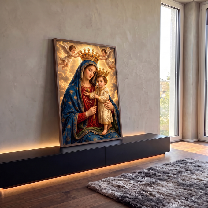 Quadro Decorativo Nossa Senhora Coroada com Menino Jesus | quadros decorativos para sala | Nossa Senhora com manto azul estrelado segurando o Menino Jesus coroado por anjos dourados | em Quadros para Sala | Porao dos Quadros