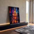 Ponte estaiada sob céu dividido em pôr do sol, aurora boreal, lua e via láctea, quadro decorativo