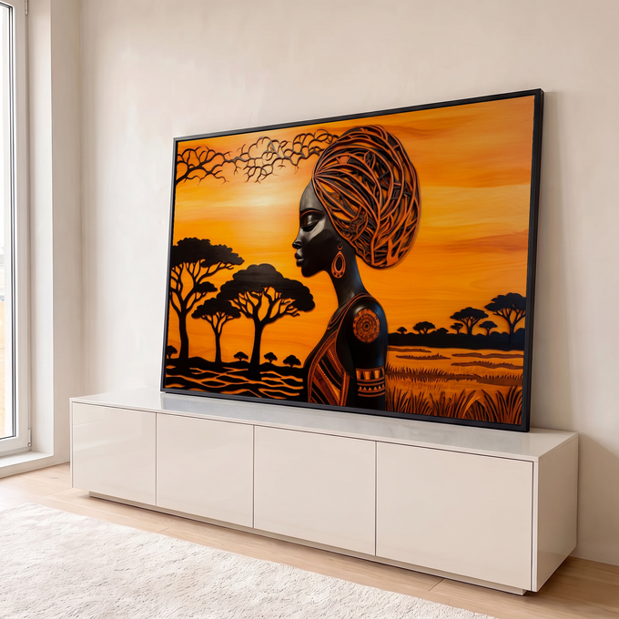 Mulher africana de perfil com turbante na savana com acácias ao pôr do sol laranja, quadro decorativo