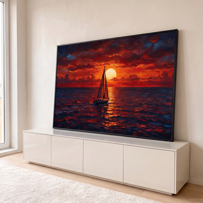 Quadro Decorativo Grande Veleiro Mar para Sala Vermelho | quadros decorativos para sala | veleiro navegando ao pôr do sol com céu vermelho e mar refletindo luz dourada | em Quadros para Sala | Porao dos Quadros