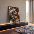 Quadro Decorativo Mulher Indígena com Cocar de Penas | quadros decorativos para sala | mulher indígena de perfil com cocar de penas e pintura facial azul e vermelha | em Quadros para Sala | Porao dos Quadros