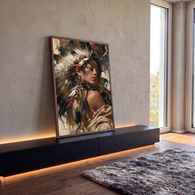 Quadro Decorativo Mulher Indígena com Cocar de Penas | quadros decorativos para sala | mulher indígena de perfil com cocar de penas e pintura facial azul e vermelha | em Quadros para Sala | Porao dos Quadros