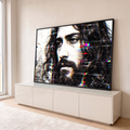Quadro Decorativo Grande Retrato Masculino para Sala Preto | quadros decorativos para sala | homem barbudo de cabelo longo em preto e branco com efeito glitch colorido | em Quadros para Sala | Porao dos Quadros