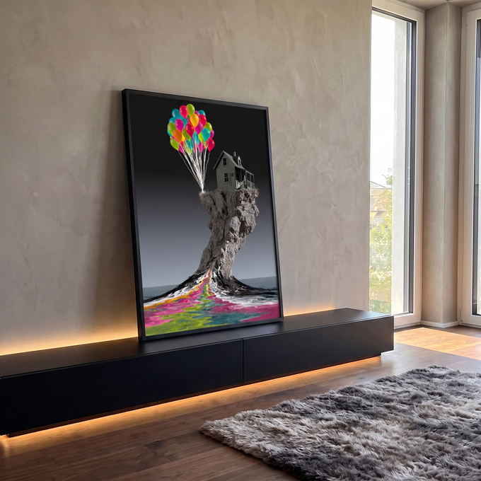 Casa sobre rochedo com balões coloridos e tinta escorrendo no mar, arte surreal, quadro decorativo