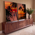 Quadro Decorativo Kit 2 Telas Pôr do Sol para Sala Laranja | quadros decorativos para sala | pôr do sol entre palmeiras com veleiro no mar e praia com canoas | em Quadros para Sala | Porao dos Quadros