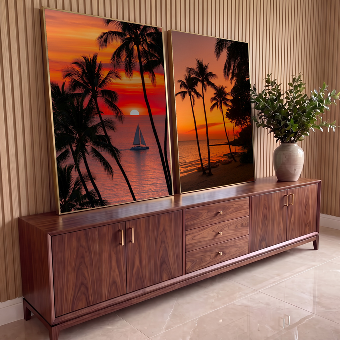 Quadro Decorativo Kit 2 Telas Pôr do Sol para Sala Laranja | quadros decorativos para sala | pôr do sol entre palmeiras com veleiro no mar e praia com canoas | em Quadros para Sala | Porao dos Quadros