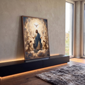 Quadro Decorativo Grande Jesus Cristo Anjos para Sala | quadros decorativos para sala | Jesus Cristo de braços abertos cercado por anjos orando e uma pomba branca em nuvens douradas | em Quadros para Sala | Porao dos Quadros