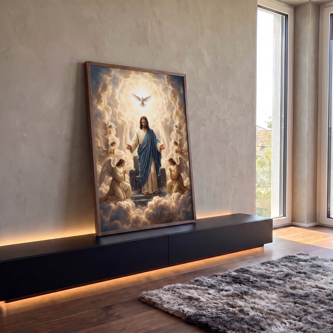 Quadro Decorativo Grande Jesus Cristo Anjos para Sala | quadros decorativos para sala | Jesus Cristo de braços abertos cercado por anjos orando e uma pomba branca em nuvens douradas | em Quadros para Sala | Porao dos Quadros