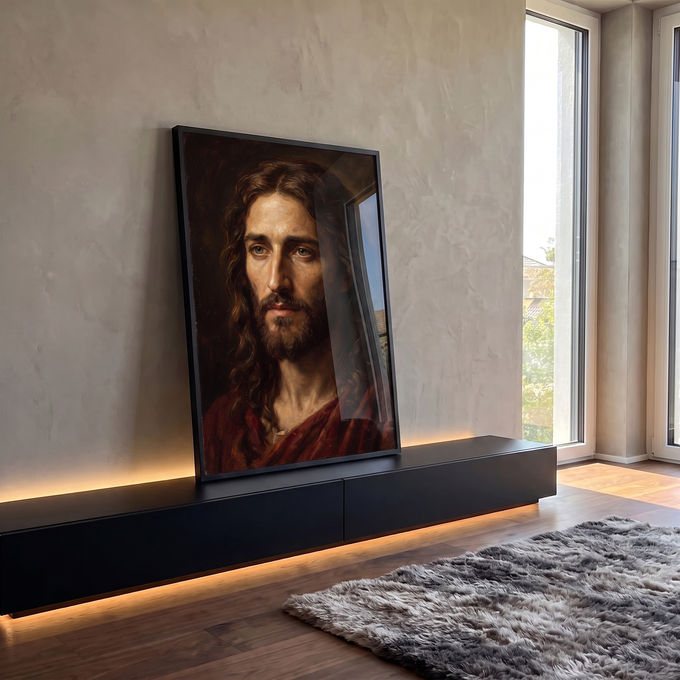Quadro Decorativo Grande Retrato de Jesus para Sala Marrom | quadros decorativos para sala | retrato de Jesus Cristo com manto vermelho e olhar sereno em óleo clássico | Porao dos Quadros