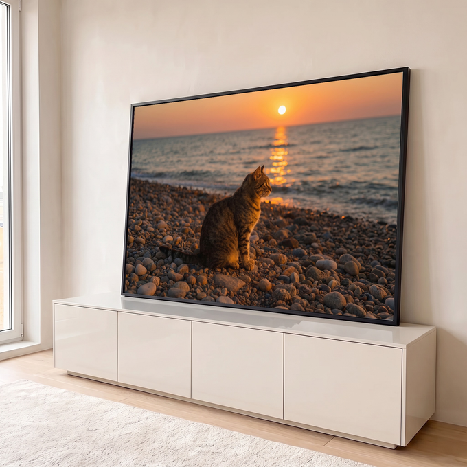 Quadro Decorativo Grande Gato Observando para Sala Laranja | quadros decorativos para sala | gato tabby sentado em praia de seixos observando o pôr do sol dourado no mar | em Quadros para Sala | Porao dos Quadros