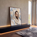 Quadro Decorativo Grande Jesus Cristo Aquarela para Sala | quadros decorativos para sala | retrato aquarela de Jesus Cristo com manto branco e auréola dourada | em Quadros para Sala | Porao dos Quadros