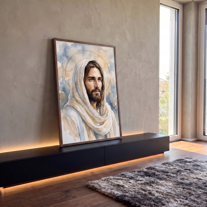 Quadro Decorativo Grande Jesus Cristo Aquarela para Sala | quadros decorativos para sala | retrato aquarela de Jesus Cristo com manto branco e auréola dourada | em Quadros para Sala | Porao dos Quadros