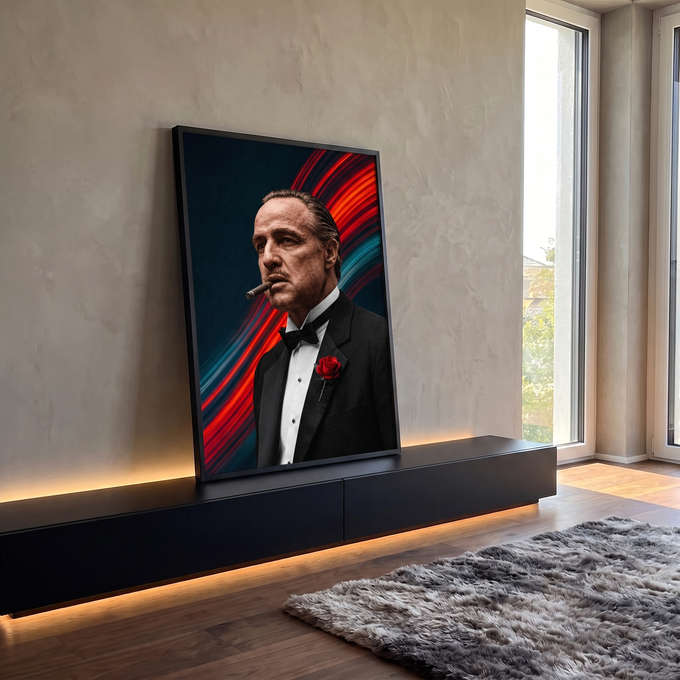 Homem de smoking com charuto e rosa vermelha em P&B sobre luzes vermelhas e azuis, quadro decorativo