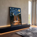 Quadro Decorativo Chicago Theatre sob Céu Estrelado Estilo | quadros decorativos para sala | Chicago Theatre iluminado à noite sob céu estrelado em espirais azuis e douradas | em Quadros para Sala | Porao dos Quadros