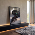 Quadro Decorativo Grande Pantera e Carro para Sala Preto | quadros decorativos para sala | pantera negra caminhando diante de carro esportivo preto com faróis verde neon | em Quadros para Sala | Porao dos Quadros