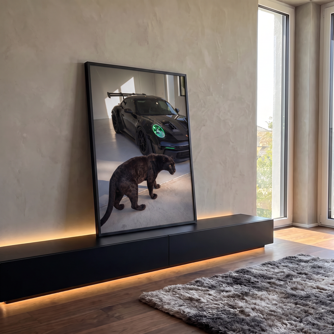 Quadro Decorativo Grande Pantera e Carro para Sala Preto | quadros decorativos para sala | pantera negra caminhando diante de carro esportivo preto com faróis verde neon | em Quadros para Sala | Porao dos Quadros