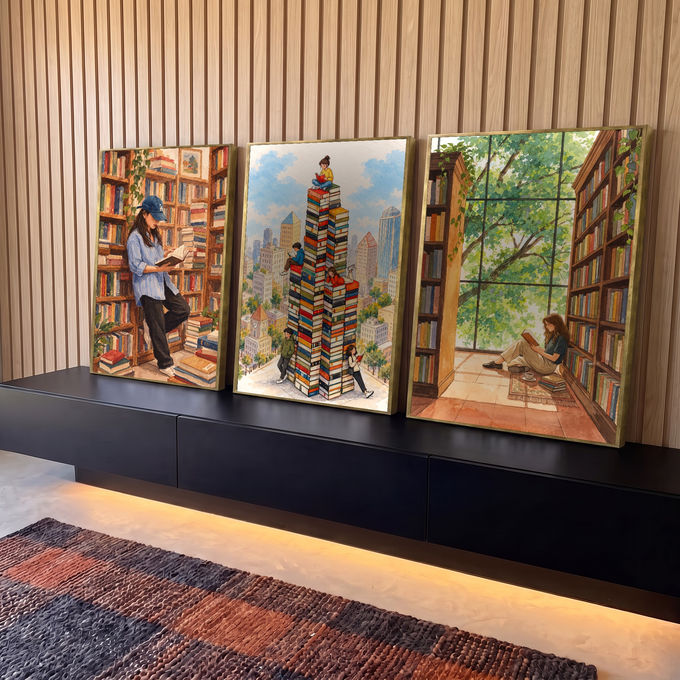 Quadro Decorativo Kit 3 Telas Livros e Leitura para Sala | quadros decorativos para sala | pessoas lendo em meio a livros empilhados e estantes, estilo aquarela em tons terrosos | em Quadros para Sala | Porao dos Quadros