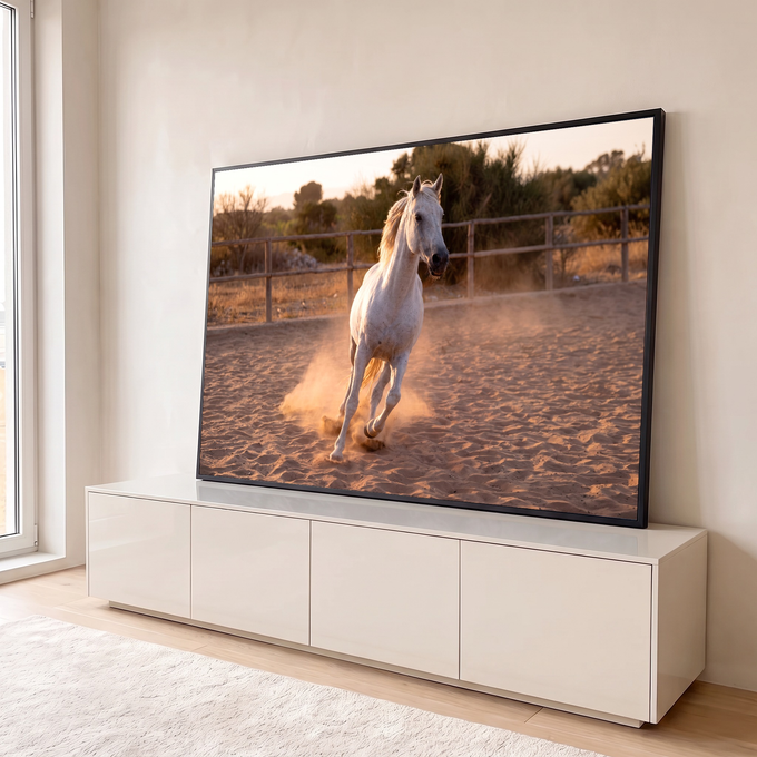 Cavalo branco galopando em picadeiro de areia com poeira dourada ao pôr do sol, quadro decorativo