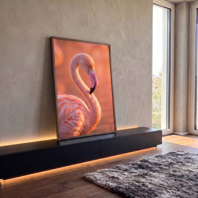 Flamingo rosa em close com pescoço curvado, olho amarelo e fundo desfocado em luz quente, quadro decorativo