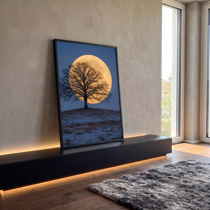 Lua cheia dourada gigante atrás de árvore sem folhas em colina com neve e céu azul, quadro decorativo