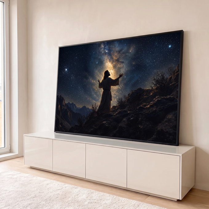Jesus de braços erguidos orando no alto da montanha sob a Via Láctea e o céu estrelado, quadro decorativo