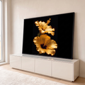 Quadro Decorativo Grande Flores de Hibisco para Sala Dourado | quadros decorativos para sala | duas flores de hibisco douradas retroiluminadas com pétalas translúcidas sobre fundo preto | em Quadros para Sala | Porao dos Quadros