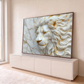 Quadro Decorativo Grande Leão Esculpido para Sala Branco | quadros decorativos para sala | cabeça de leão esculpida em mármore branco com veios dourados | em Quadros para Sala | Porao dos Quadros