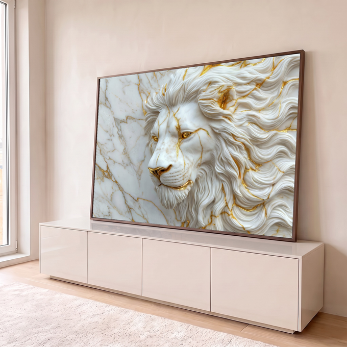 Quadro Decorativo Grande Leão Esculpido para Sala Branco | quadros decorativos para sala | cabeça de leão esculpida em mármore branco com veios dourados | em Quadros para Sala | Porao dos Quadros