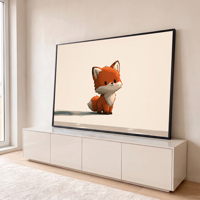 Quadro Decorativo Grande Raposinha Bege para Quarto de Bebê | quadros decorativos para sala | raposinha laranja e branca em estilo cartoon fofo sobre fundo bege | em Quadros para Quarto de Bebê | Porao dos Quadros