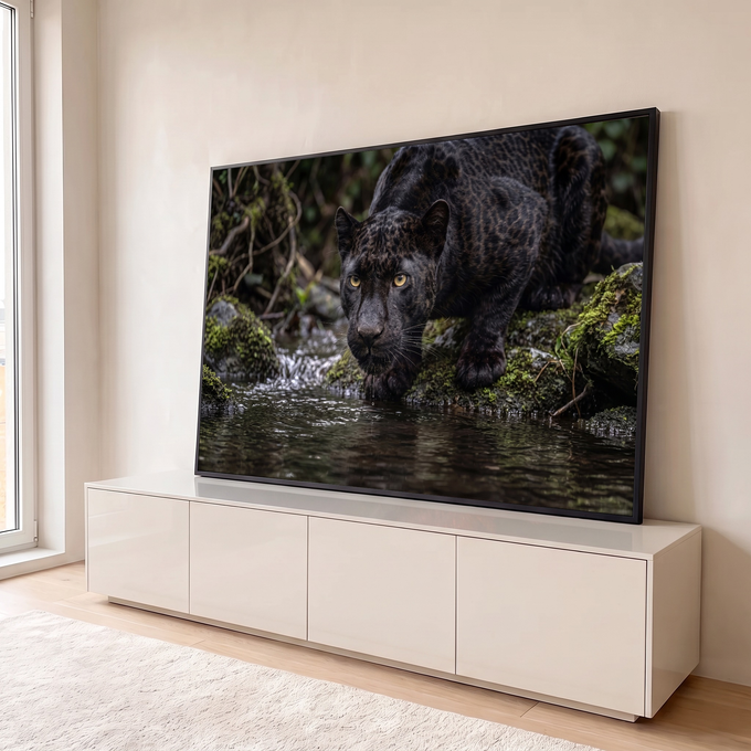 Pantera negra de olhos amarelos agachada à beira de riacho entre pedras com musgo, quadro decorativo
