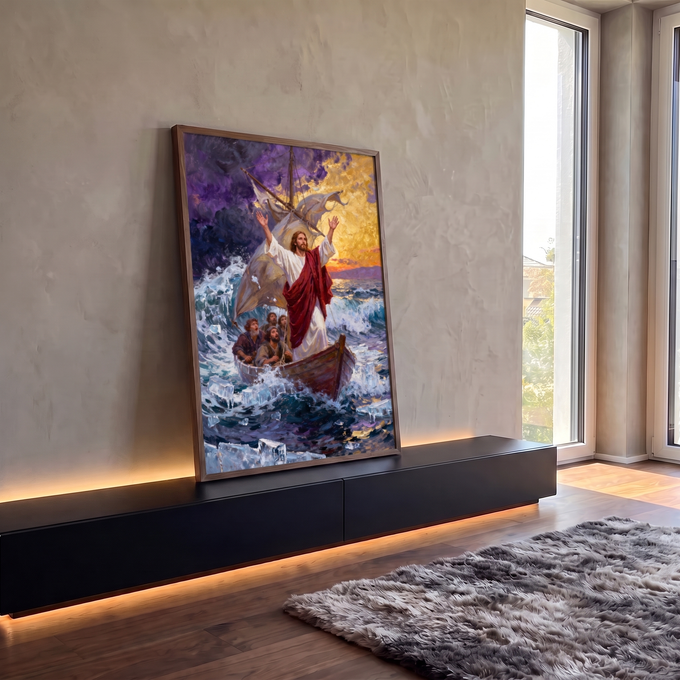 Quadro Decorativo Grande Jesus Acalmando para Sala Roxo | quadros decorativos para sala | Jesus de braços erguidos num barco em meio a tempestade e céu dourado | em Quadros para Sala | Porao dos Quadros