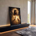 Quadro Decorativo Grande Jesus Cristo Halo Dourado para Sala | quadros decorativos para sala | Jesus Cristo com mãos erguidas emanando luz dourada e halo sagrado | em Quadros para Sala | Porao dos Quadros