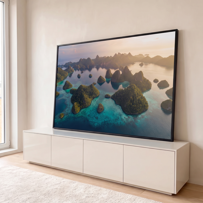 Quadro Decorativo Grande Arquipélago Tropical para Sala Azul | quadros decorativos para sala | vista aérea de ilhas verdes cercadas por mar turquesa ao entardecer | em Quadros para Sala | Porao dos Quadros