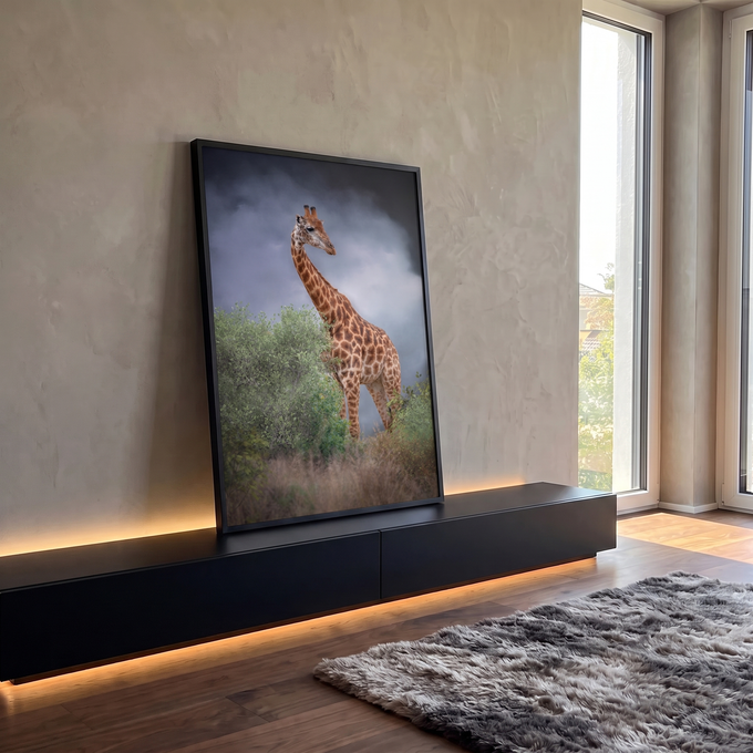 Girafa entre arbustos verdes na savana com céu nublado de tempestade ao fundo, quadro decorativo