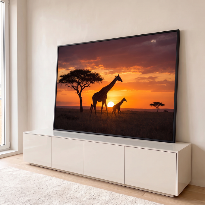 Girafa e filhote em silhueta na savana africana com acácia e sol se pondo em céu laranja, quadro decorativo