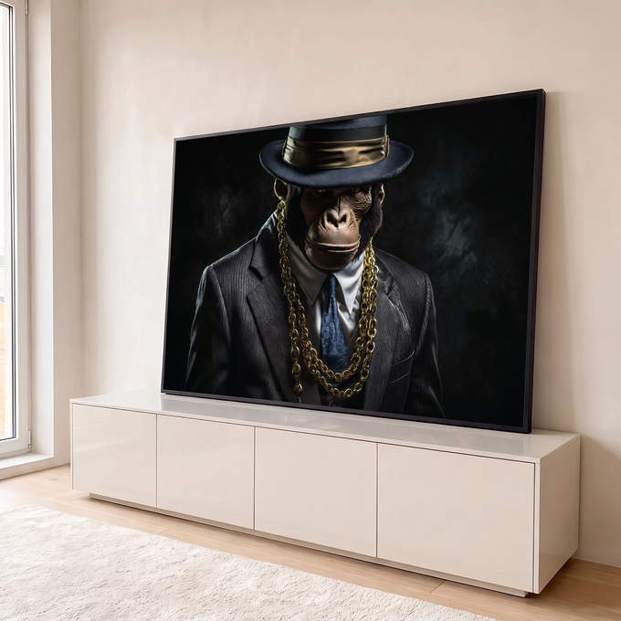 Quadro Decorativo Grande Gorila de Terno Correntes para Sala | quadros decorativos para sala | gorila de terno, chapéu fedora e correntes de ouro em fundo escuro | em Quadros para Sala | Porao dos Quadros