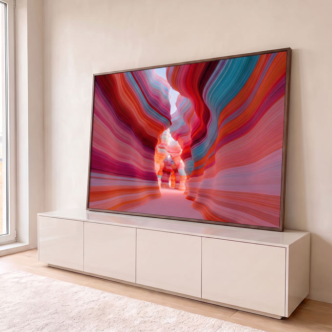 Quadro Decorativo Grande Cânion Abstrato Vermelho para Sala | quadros decorativos para sala | cânion abstrato com paredes onduladas em listras de vermelho, rosa, laranja e turquesa | em Quadros para Sala | Porao dos Quadros