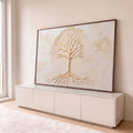 Quadro Decorativo Grande Árvore da Vida Bege para Sala | quadros decorativos para sala | árvore sem folhas em relevo dourado sobre fundo bege texturizado | em Quadros para Sala | Porao dos Quadros
