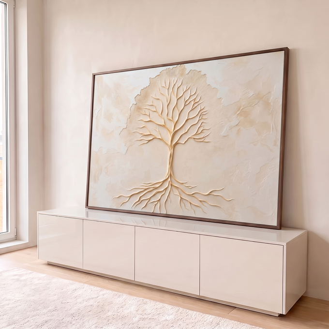 Quadro Decorativo Grande Árvore da Vida Bege para Sala | quadros decorativos para sala | árvore sem folhas em relevo dourado sobre fundo bege texturizado | em Quadros para Sala | Porao dos Quadros