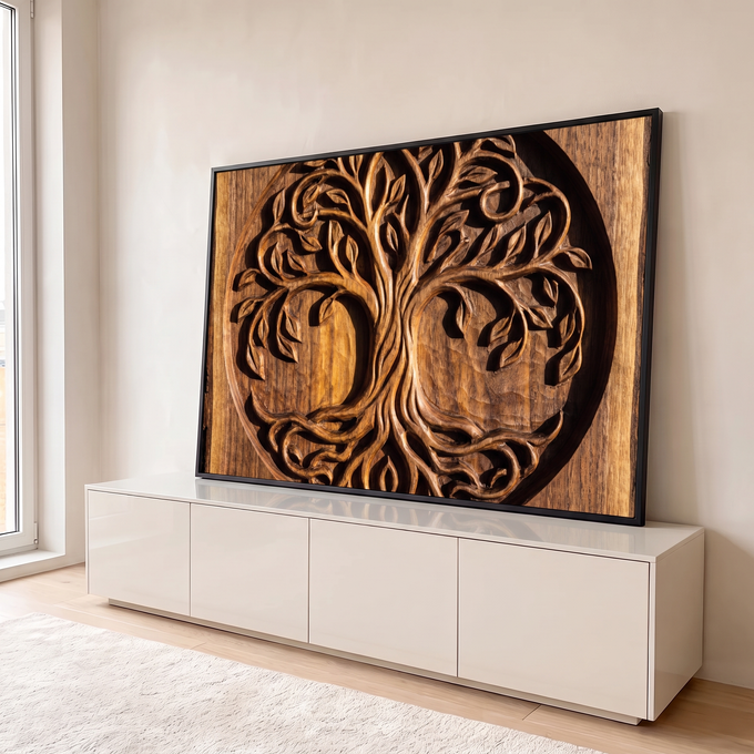 Quadro Decorativo Grande Árvore da Vida para Sala Marrom | quadros decorativos para sala | árvore da vida entalhada em relevo de madeira dentro de um círculo | em Quadros para Sala | Porao dos Quadros