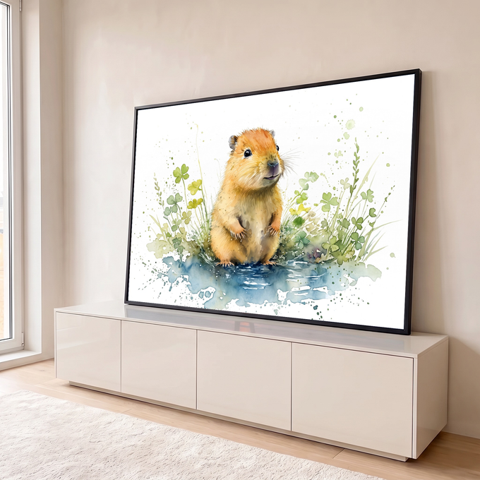 Filhote de roedor em aquarela sentado na água entre trevos verdes e respingos sobre fundo branco, quadro decorativo