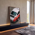 Quadro Decorativo Grande Carro Esportivo Branco para Sala | quadros decorativos para sala | vista aérea da traseira de carro esportivo clássico branco e vermelho | em Quadros para Sala | Porao dos Quadros