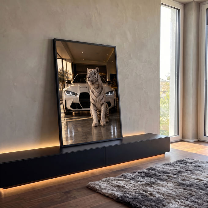 Tigre branco de olhos azuis sentado diante de carro esportivo branco em garagem de luxo, quadro decorativo