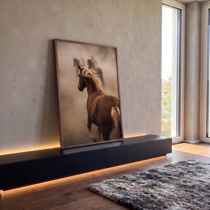 Cavalo castanho de crina loira galopando com a manada em meio à poeira, quadro decorativo