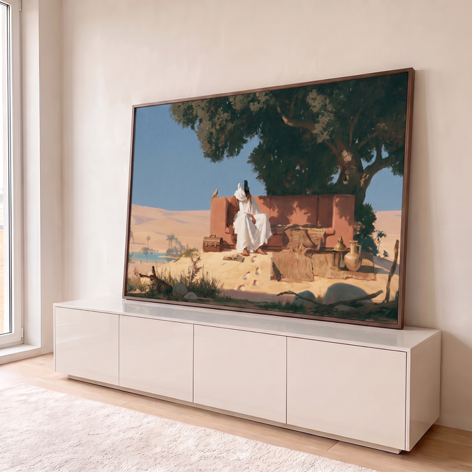 Quadro Decorativo Homem Árabe Sentado em Oásis no Deserto | quadros decorativos para sala | homem árabe sentado à sombra de uma árvore com oásis e dunas ao fundo | em Quadros para Sala | Porao dos Quadros
